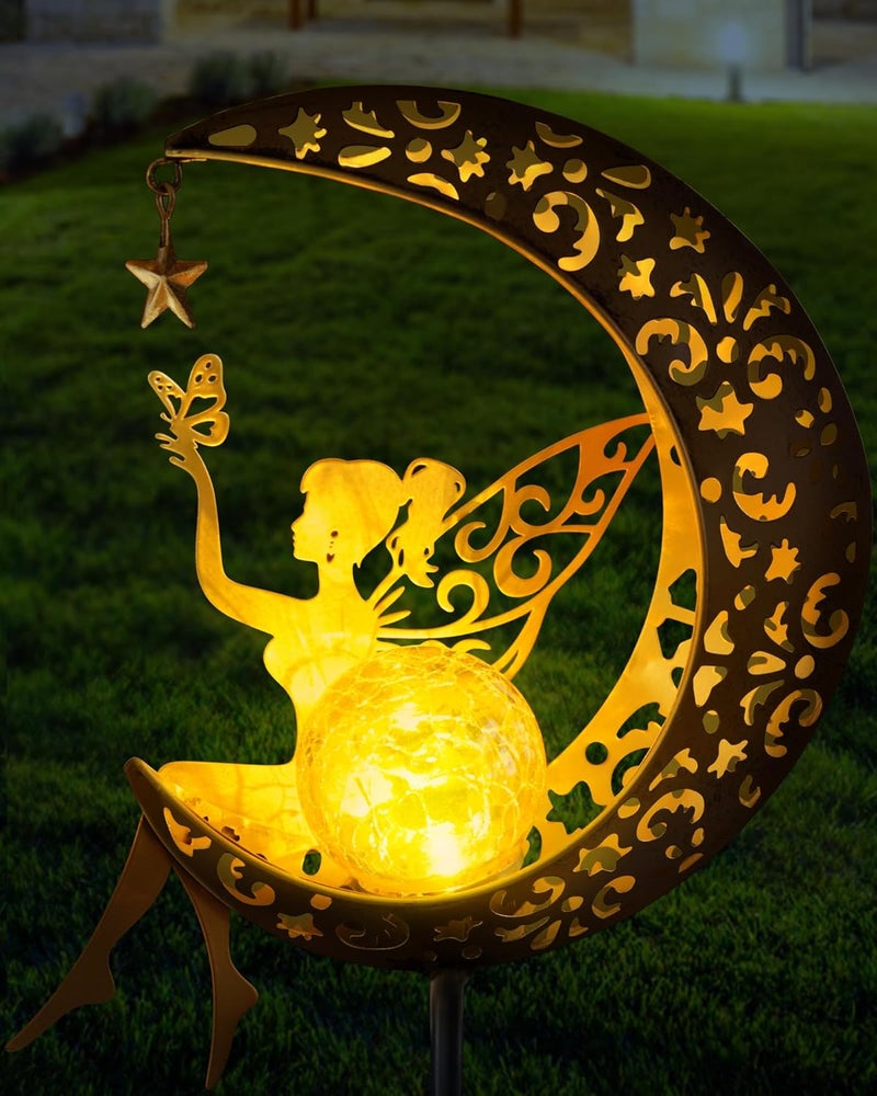 Vuees Solar Garden Statues Outdoor Decor, Fairy Moon Figurine Light Stake, Housewarming Ornament for Patio, Lawn, Yard, Pathway - Unique Gift Ideas for Gardening Mom Grandma - Image 1